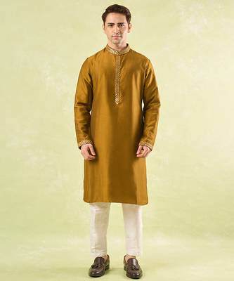Mustard plain cotton kurta pajama 1