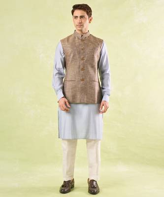Brown plain silk nehru jacket 1