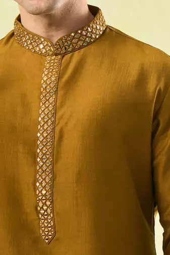 Mustard plain cotton kurta pajama