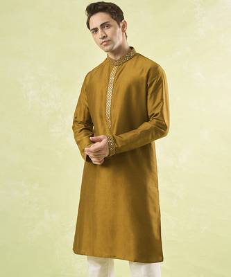 Mustard plain cotton kurta pajama 4