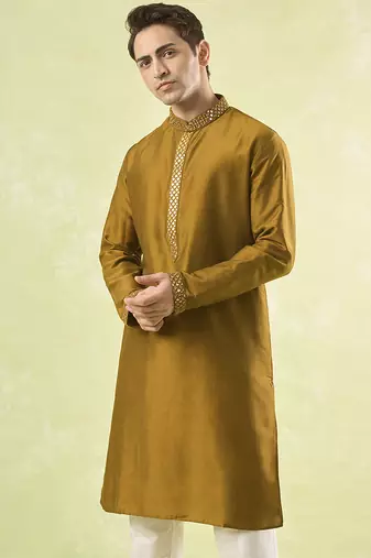 Mustard plain cotton kurta pajama