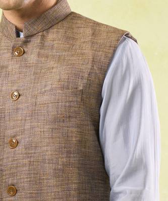 Brown plain silk nehru jacket 3