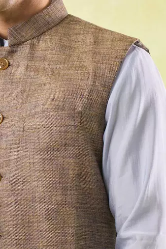 Brown plain silk nehru jacket
