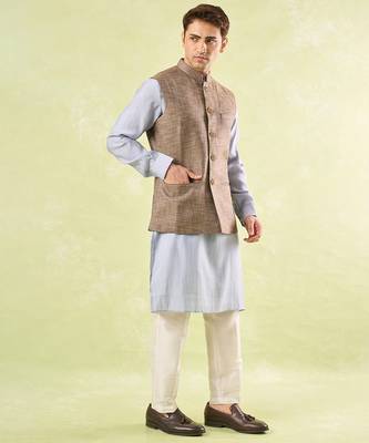 Brown plain silk nehru jacket 4