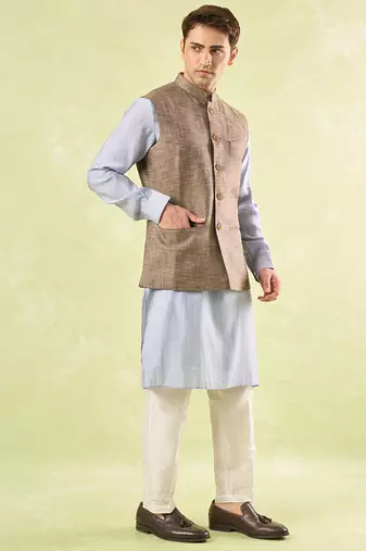 Brown plain silk nehru jacket