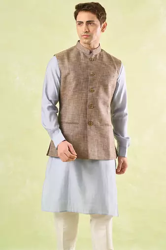 Brown plain silk nehru jacket