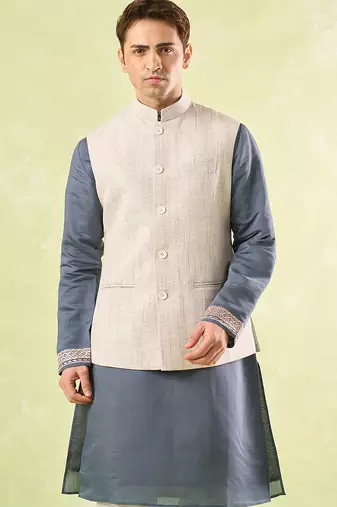 White plain silk nehru jacket