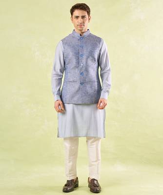 Blue plain silk nehru jacket 1