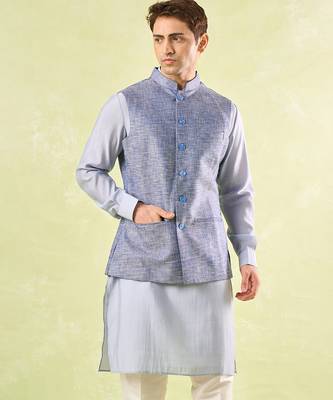 Blue plain silk nehru jacket 2