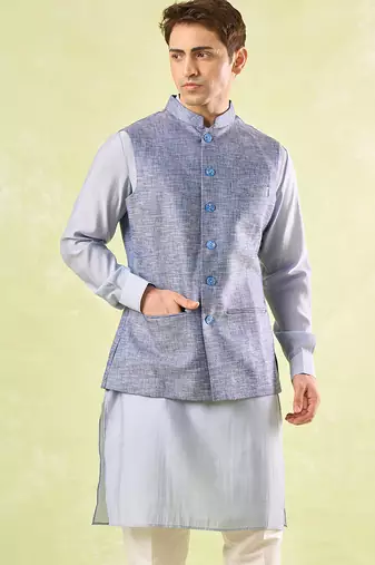 Blue plain silk nehru jacket