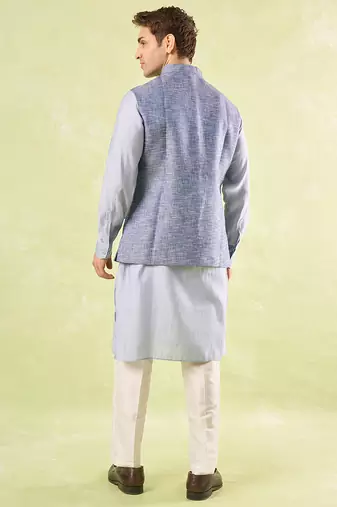 Blue plain silk nehru jacket