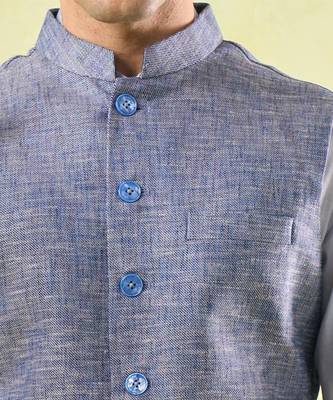 Blue plain silk nehru jacket 4