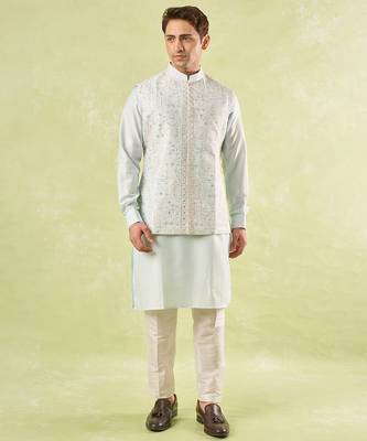 Blue plain silk nehru jacket with kurta & pajama 1