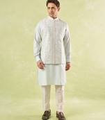 Blue plain silk nehru jacket with kurta & pajama