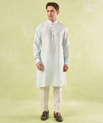 Blue plain silk nehru jacket with kurta & pajama 2