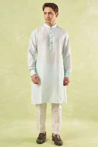 Blue plain silk nehru jacket with kurta & pajama