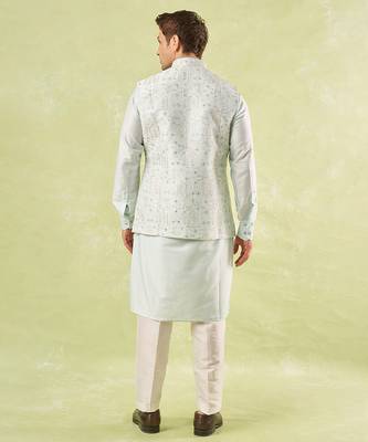 Blue plain silk nehru jacket with kurta & pajama 4