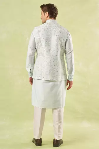 Blue plain silk nehru jacket with kurta & pajama