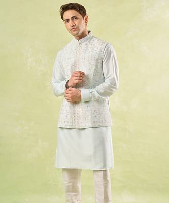 Blue plain silk nehru jacket with kurta & pajama 5