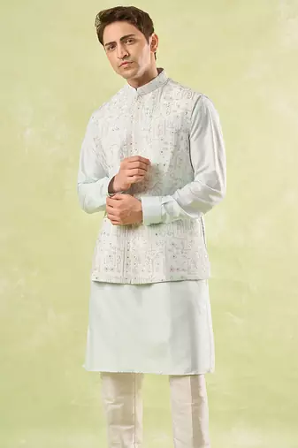 Blue plain silk nehru jacket with kurta & pajama