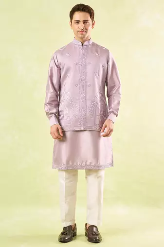 Purple embroidered silk nehru jacket with kurta & pajama