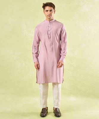 Pink plain silk nehru jacket with kurta & pajama 1