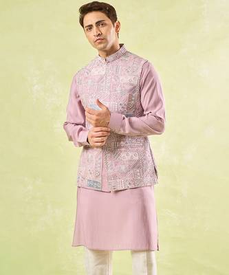 Pink plain silk nehru jacket with kurta & pajama 3