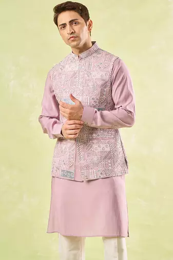 Pink plain silk nehru jacket with kurta & pajama