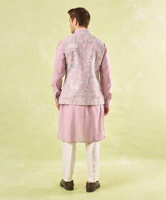 Pink plain silk nehru jacket with kurta & pajama 4