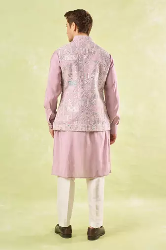 Pink plain silk nehru jacket with kurta & pajama