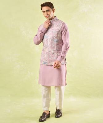 Pink plain silk nehru jacket with kurta & pajama 5