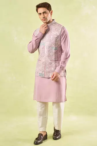 Pink plain silk nehru jacket with kurta & pajama