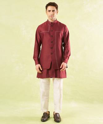Red plain silk nehru jacket with kurta & pajama 1