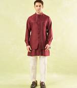 Red plain silk nehru jacket with kurta & pajama