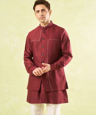 Red plain silk nehru jacket with kurta & pajama 2