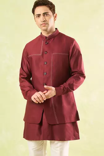 Red plain silk nehru jacket with kurta & pajama