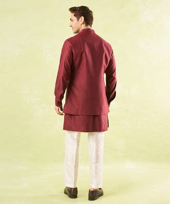 Red plain silk nehru jacket with kurta & pajama 3