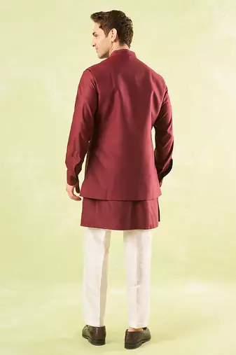 Red plain silk nehru jacket with kurta & pajama