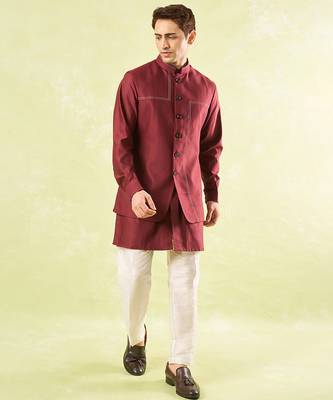 Red plain silk nehru jacket with kurta & pajama 5