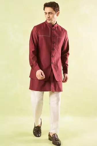 Red plain silk nehru jacket with kurta & pajama