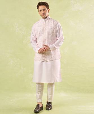 Pink embroidered silk nehru jacket with kurta & pajama 1