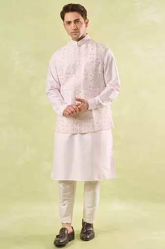 Pink embroidered silk nehru jacket with kurta & pajama