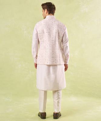 Pink embroidered silk nehru jacket with kurta & pajama 2