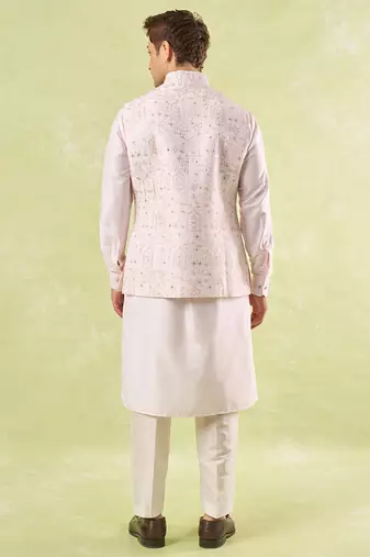 Pink embroidered silk nehru jacket with kurta & pajama