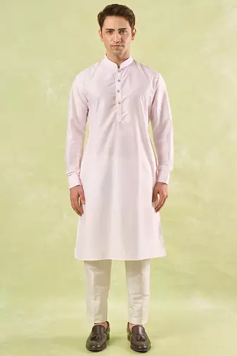 Pink embroidered silk nehru jacket with kurta & pajama