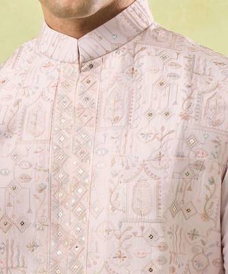 Pink embroidered silk nehru jacket with kurta & pajama 5