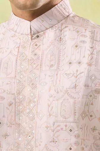 Pink embroidered silk nehru jacket with kurta & pajama