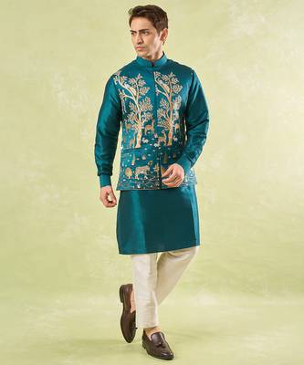Turquoise embroidered silk nehru jacket with kurta & pajama 1