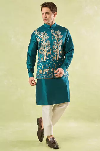 Turquoise embroidered silk nehru jacket with kurta & pajama
