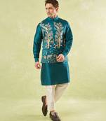 Turquoise embroidered silk nehru jacket with kurta & pajama